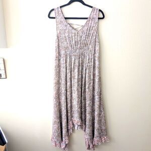 Gigio Smocked Ditsy Floral Midi Dress with Ruffled Hem Boho Sleeveless Size M